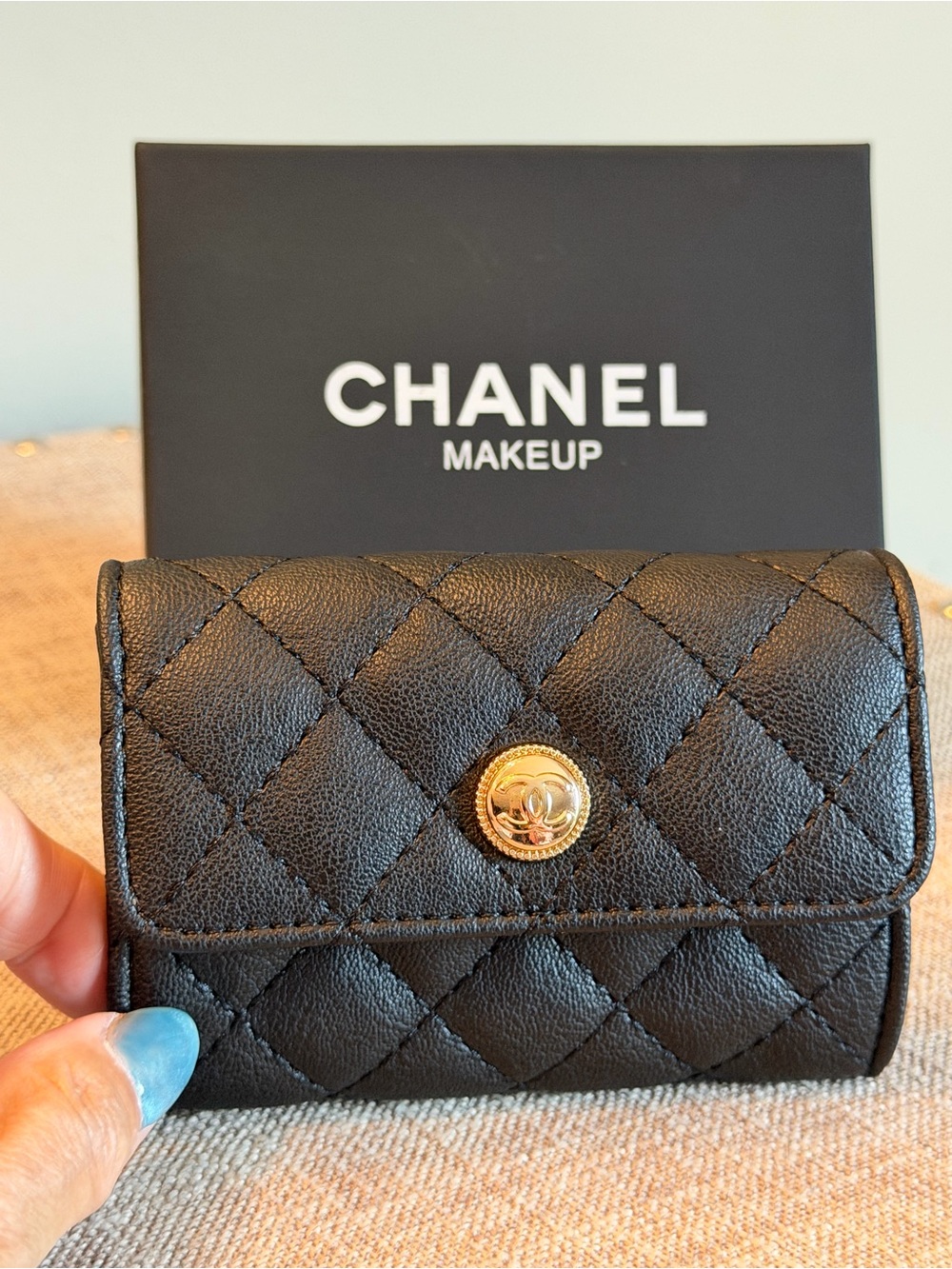 GWP NIB Black Quilted Mini Wallet with Gold Emblem